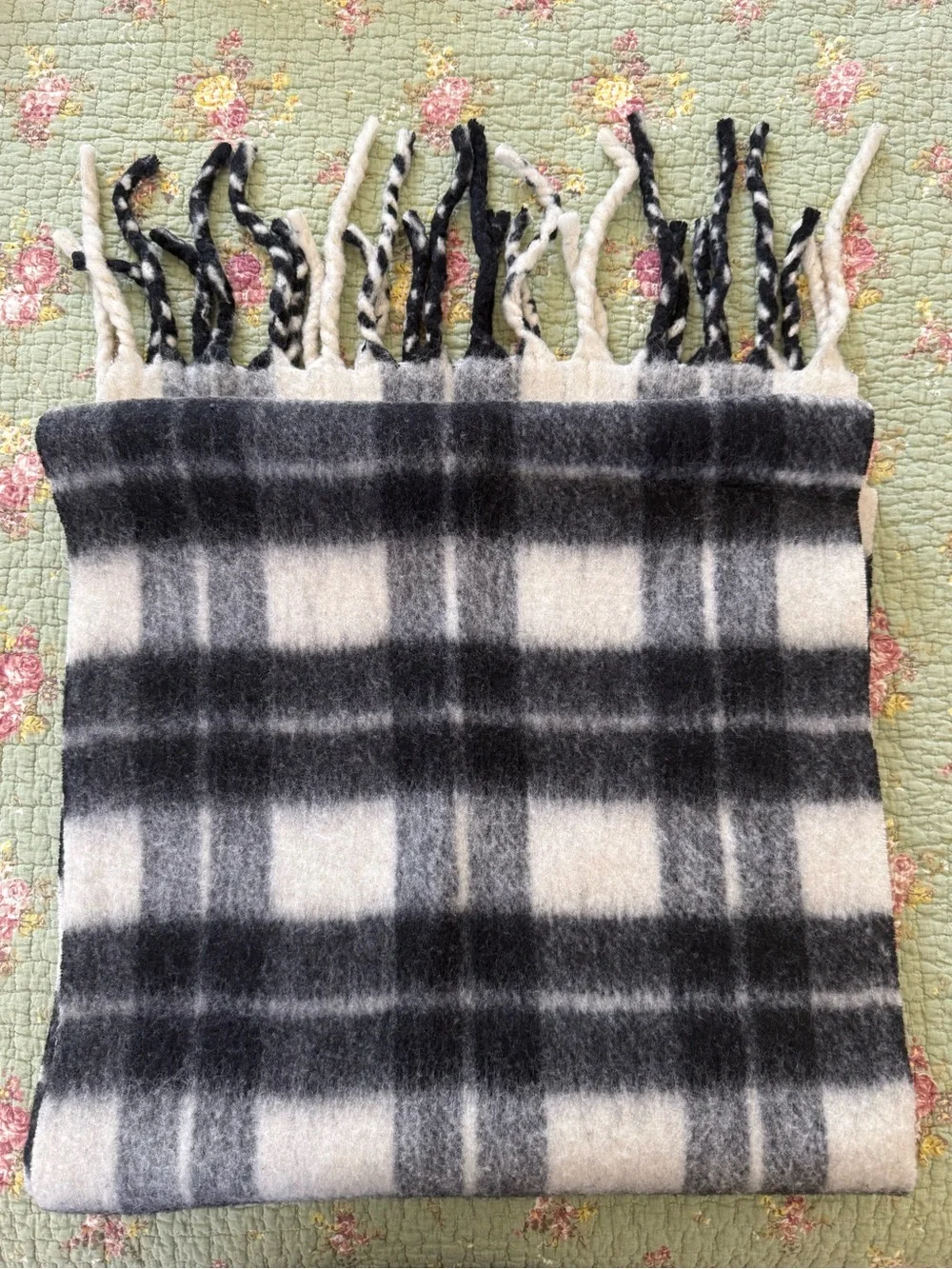 AllSaints Black and White Wool Plaid Fringe Scarf